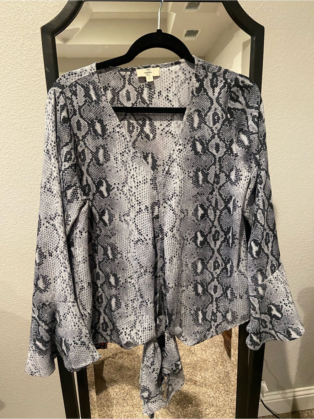 entro Snake-Print Tie-Front Blouse in Gray and Black